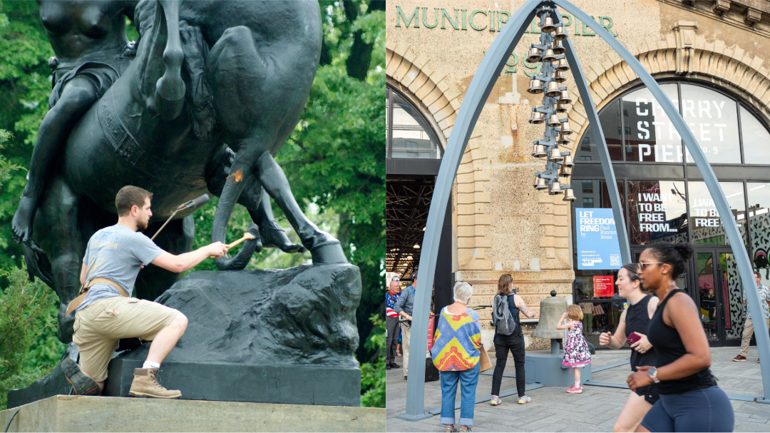 side by side photos. Left side photo: a white man kneeling on top of a concrete 